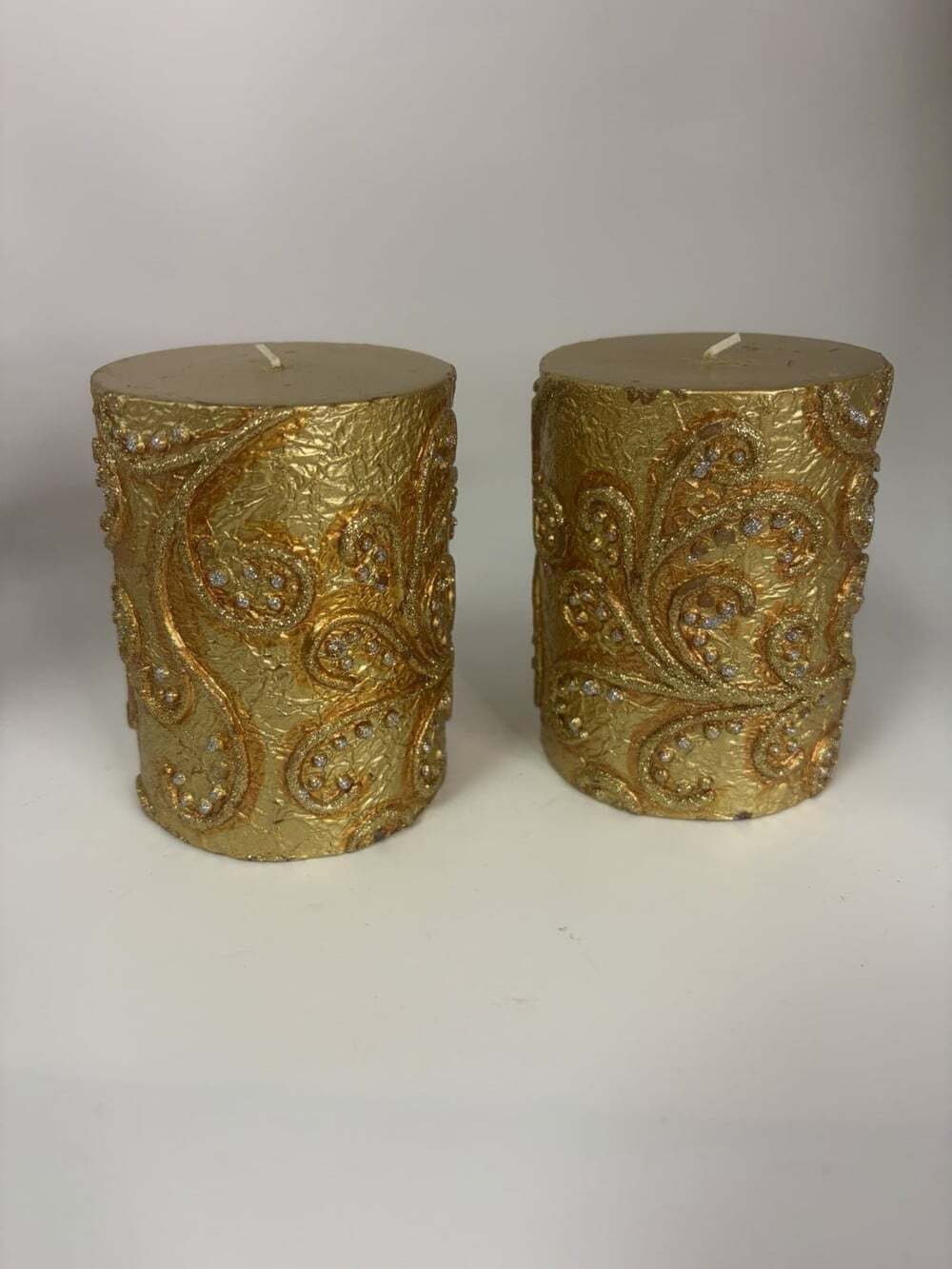 Set Of 2 Gold Glitter Paisley Pillar Candles Metallic Textured Holiday Decor